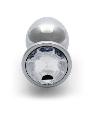 Round Gem Butt Plug - Metalowy Korek Analny z Kryształkiem - Bezbarwny - L