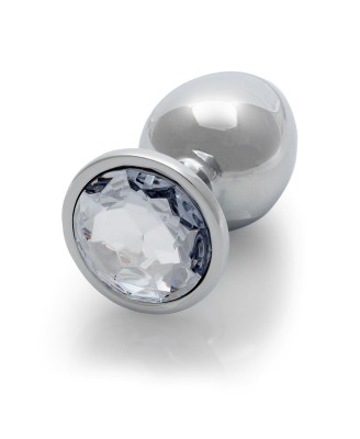 Round Gem Butt Plug - Metalowy Korek Analny z Kryształkiem - Bezbarwny - L