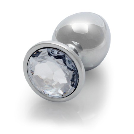 Round Gem Butt Plug - Metalowy Korek Analny z Kryształkiem - Bezbarwny - L