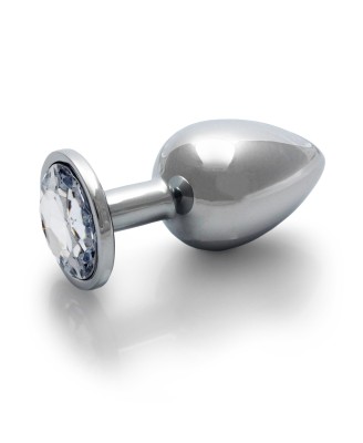 Round Gem Butt Plug - Metalowy Korek Analny z Kryształkiem - Bezbarwny - L