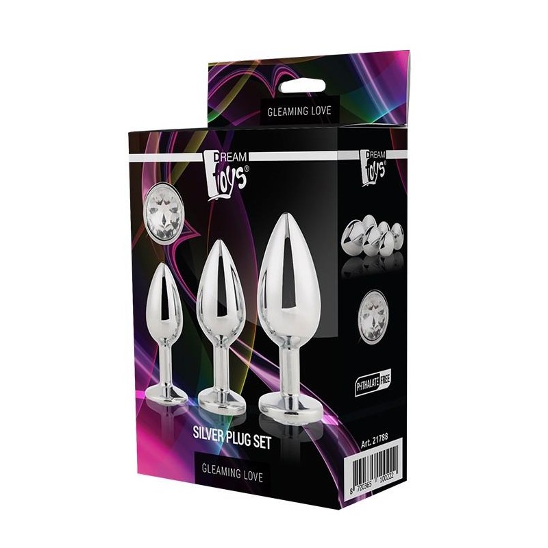 GLEAMING LOVE - Zestaw 3 Srebrnych Korków analnych z Kryształkiem
