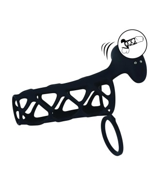 Vibrating Cage Silicone Cock Sleeve and Ball Ring - Black