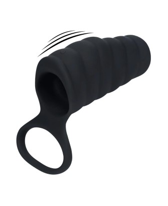 Vibrating Ribbed Silicone Cock Sleeve and Ball Ring - Black