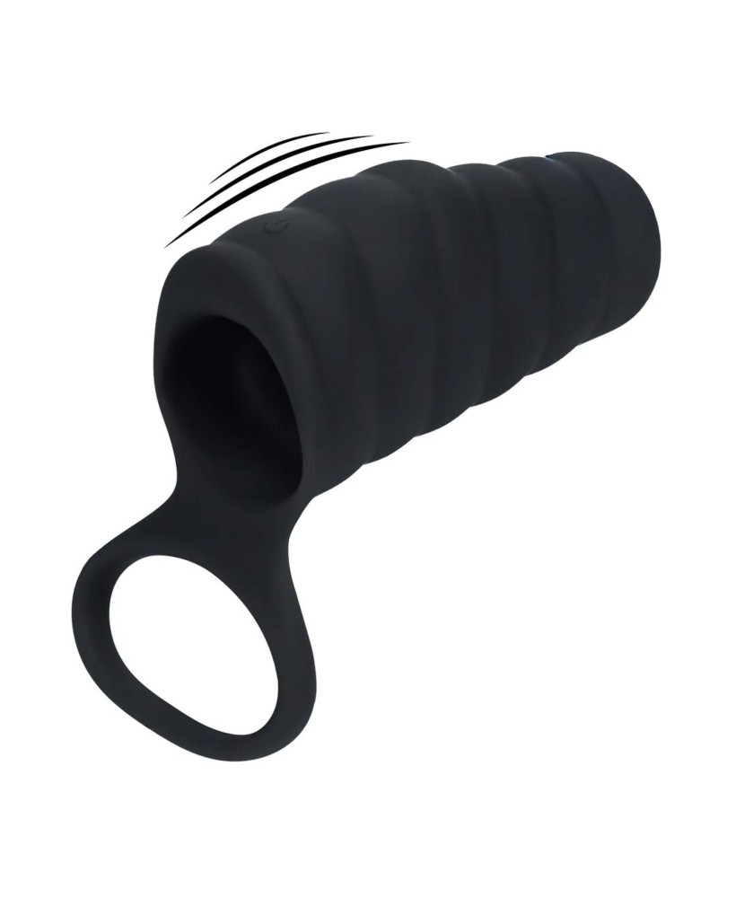 Vibrating Ribbed Silicone Cock Sleeve and Ball Ring - Black