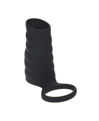Vibrating Ribbed Silicone Cock Sleeve and Ball Ring - Black