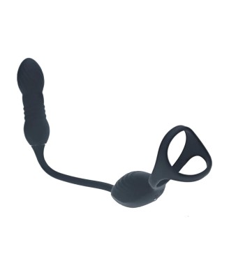 Vibrating and Thrusting Silicone Tri O Cockring with Prostate Stimulator - Black