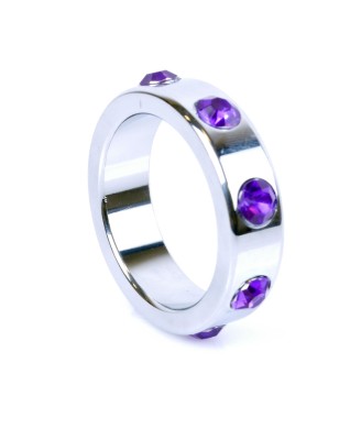 Pierścień-Metal Cock Ring with Purple Diamonds Large