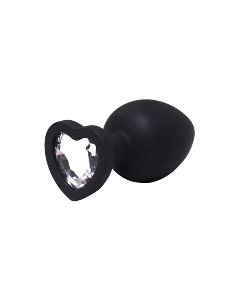 Medium black silicone anal plug with a heart and a diamond
