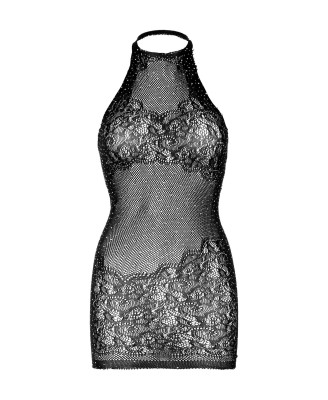 Rhinestone Lace and Net Halter Mini Dress