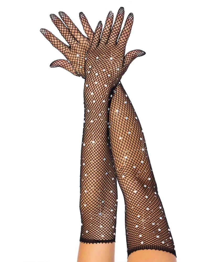 Rhinestone Fishnet Opera Length Gloves