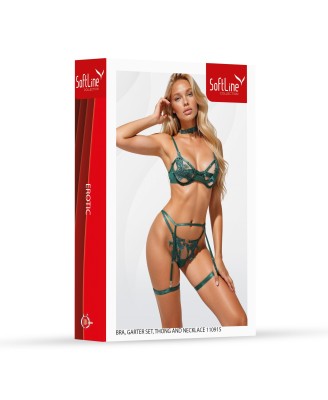 Bra, garter set, thong and necklace 110915 green L