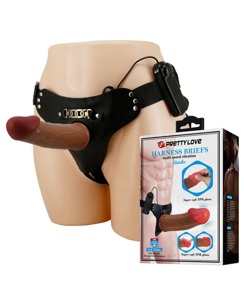 PRETTY LOVE - HARNESS BRIEFS Starks Universal Strap-On Harness 6,9'' Vibration Dildo Light Brown