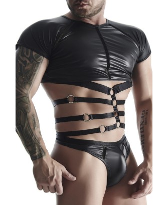 męski komplet z wetlooka: t-shirt z ozdobną gumą, stringi z ozdobną taśmą z przodu XXL