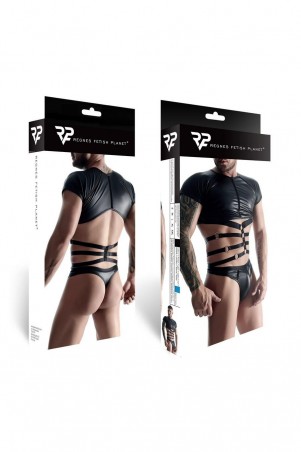 męski komplet z wetlooka: t-shirt z ozdobną gumą, stringi z ozdobną taśmą z przodu XXL