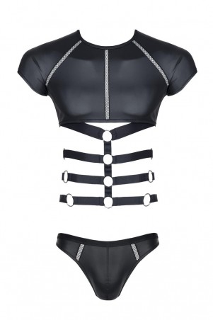 męski komplet z wetlooka: t-shirt z ozdobną gumą, stringi z ozdobną taśmą z przodu XXL