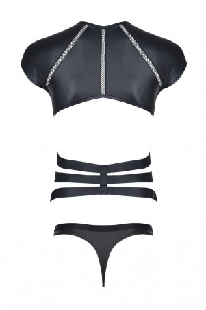 męski komplet z wetlooka: t-shirt z ozdobną gumą, stringi z ozdobną taśmą z przodu XXL