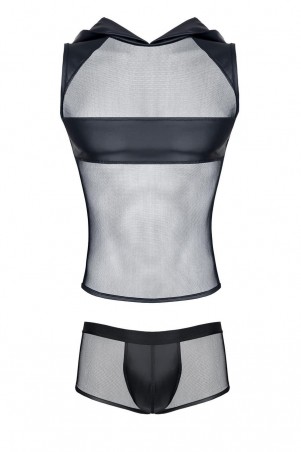 męski komplet z elastycznej siatki i weetlooka: t-shirt z kapturem, szorty XXL