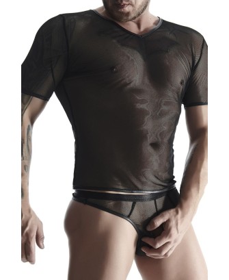 męski komplet z elastycznej siatki: t-shirt w serek, stringi XL