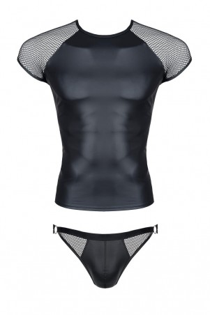 męski komplet z wetlooka i elastycznej siatki: t-shirt, figi z otwartym tyłem S