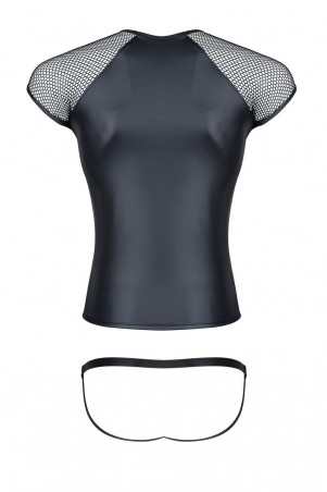 męski komplet z wetlooka i elastycznej siatki: t-shirt, figi z otwartym tyłem S