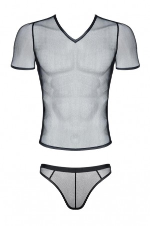 męski komplet z elastycznej siatki: t-shirt w serek, stringi S