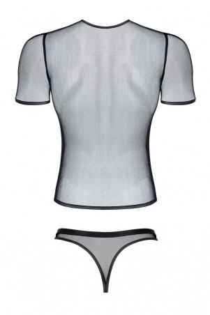 męski komplet z elastycznej siatki: t-shirt w serek, stringi S