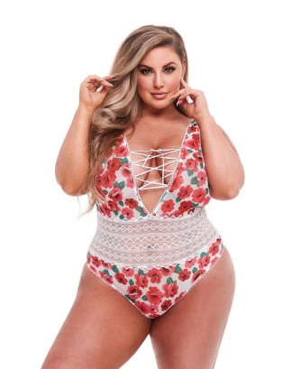WHITE FLORAL & LACE TEDDY, XL