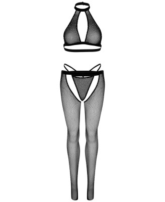 Leg Avenue - Top na szyję, G-String i Pończochy z Kryształkami - Czarny