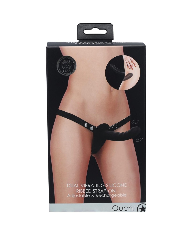 Ouch! - Dual Vibrating - Rechargeable - 10 Speed Silicone Ribbed Strap-On - Adjustable - Black