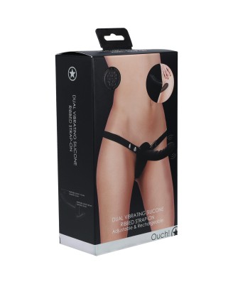 Ouch! - Dual Vibrating - Rechargeable - 10 Speed Silicone Ribbed Strap-On - Adjustable - Black