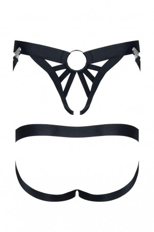 męskie figi z gumy z otwartym tyłem, elementem dekoracyjnym z przodu i zapięciami S/M