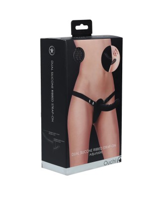 Ouch! - Dual Silicone Ribbed Strap-On - Adjustable - Black