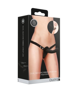 Ouch! - Dual Silicone Ribbed Strap-On - Adjustable - Black