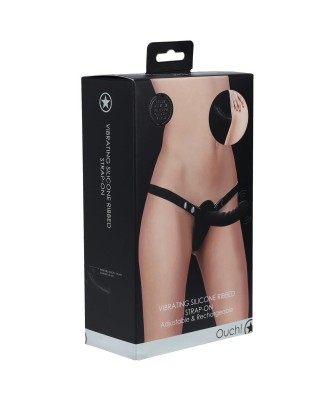 Ouch! - Vibrating - Rechrgeable - 10 Speed Silicone Ribbed Strap-On - Adjustable - Black