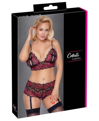 Cottelli Bra Set Pearl - Koronkowy Komplet Czarno/Czerwony - XL/2XL