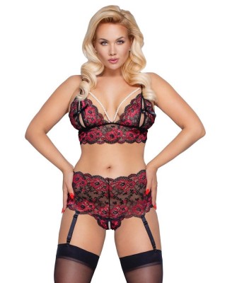 Cottelli Bra Set Pearl - Koronkowy Komplet Czarno/Czerwony - XL/2XL