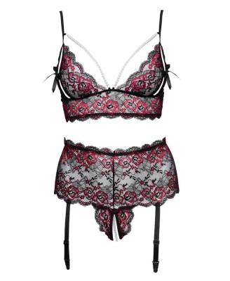 Cottelli Bra Set Pearl - Koronkowy Komplet Czarno/Czerwony - XL/2XL