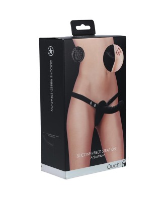 Ouch! - Silicone Ribbed Strap-On - Adjustable - Black