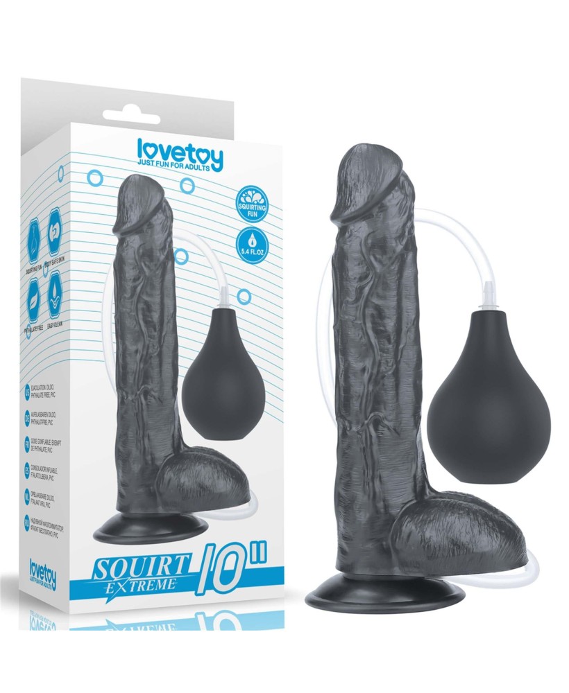 LoveToy - 10'' Squirt Extreme Dildo - Czarne Dildo z PVC